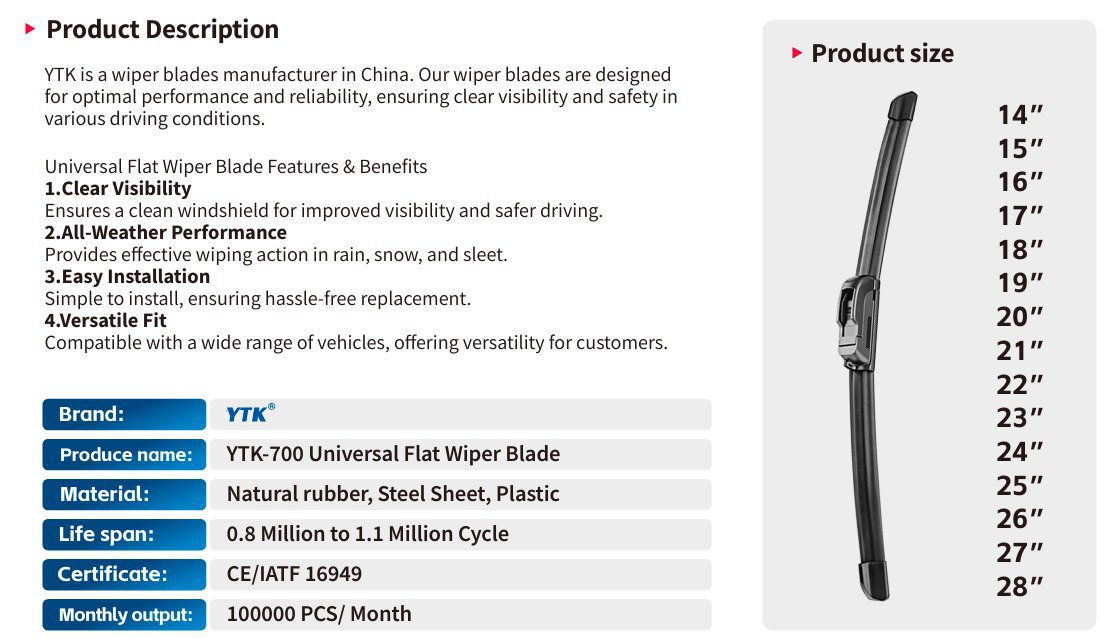 مسّاحات زجاج أمامي للسيارة YTK-700 Universal Flat Wiper Blade – أداء قوي في جميع الأجواء