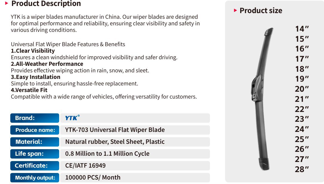 مسّاحات زجاج أمامي للسيارة YTK-703 Universal Flat Wiper Blade – مسح فعال ورؤية واضحة في مختلف الظروف