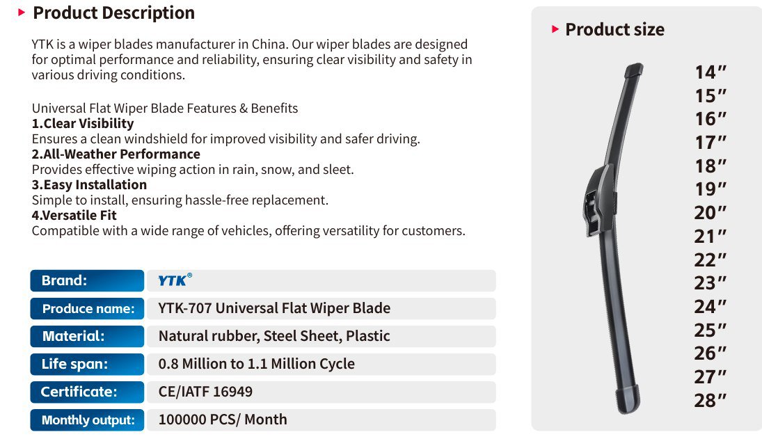 مسّاحات زجاج أمامي للسيارة YTK-707 Universal Flat Wiper Blade – أداء موثوق ومسح ناعم في مختلف الظروف
