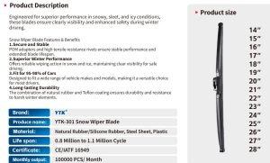 مسّاحات زجاج أمامي للسيارة YTK-301 Snow Wiper Blade – أداء موثوق في الأجواء الشتوية والباردة